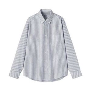 Muji Mens Washed Cotton Oxford Button Down Shirt Navy White Stripe Small